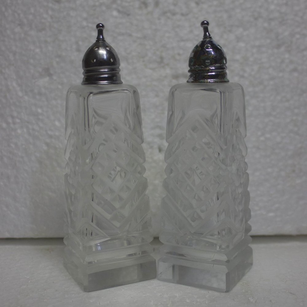 Vintage Cut Glass 5 Inch Salt and Pepper Shaker Set Silver Lids